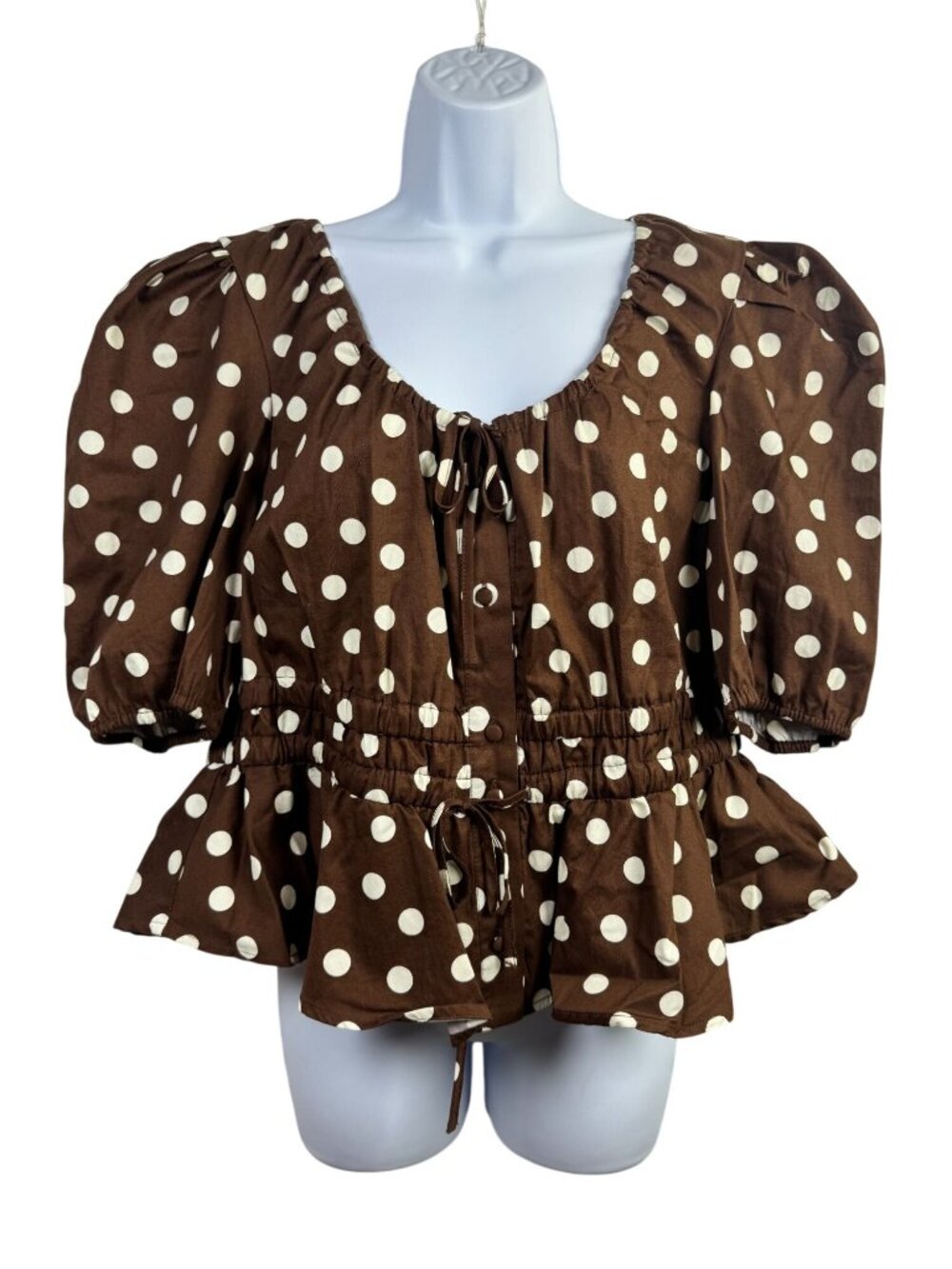 NEW Joie Chocolate Brown Polka Dot Peplum Blouse Size Large 100% Cotton Puff Sle